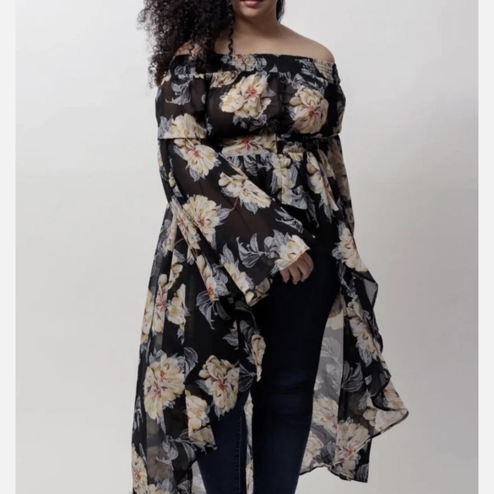 Floral Off-Shoulder Chiffon Top with Bell Sleeves
